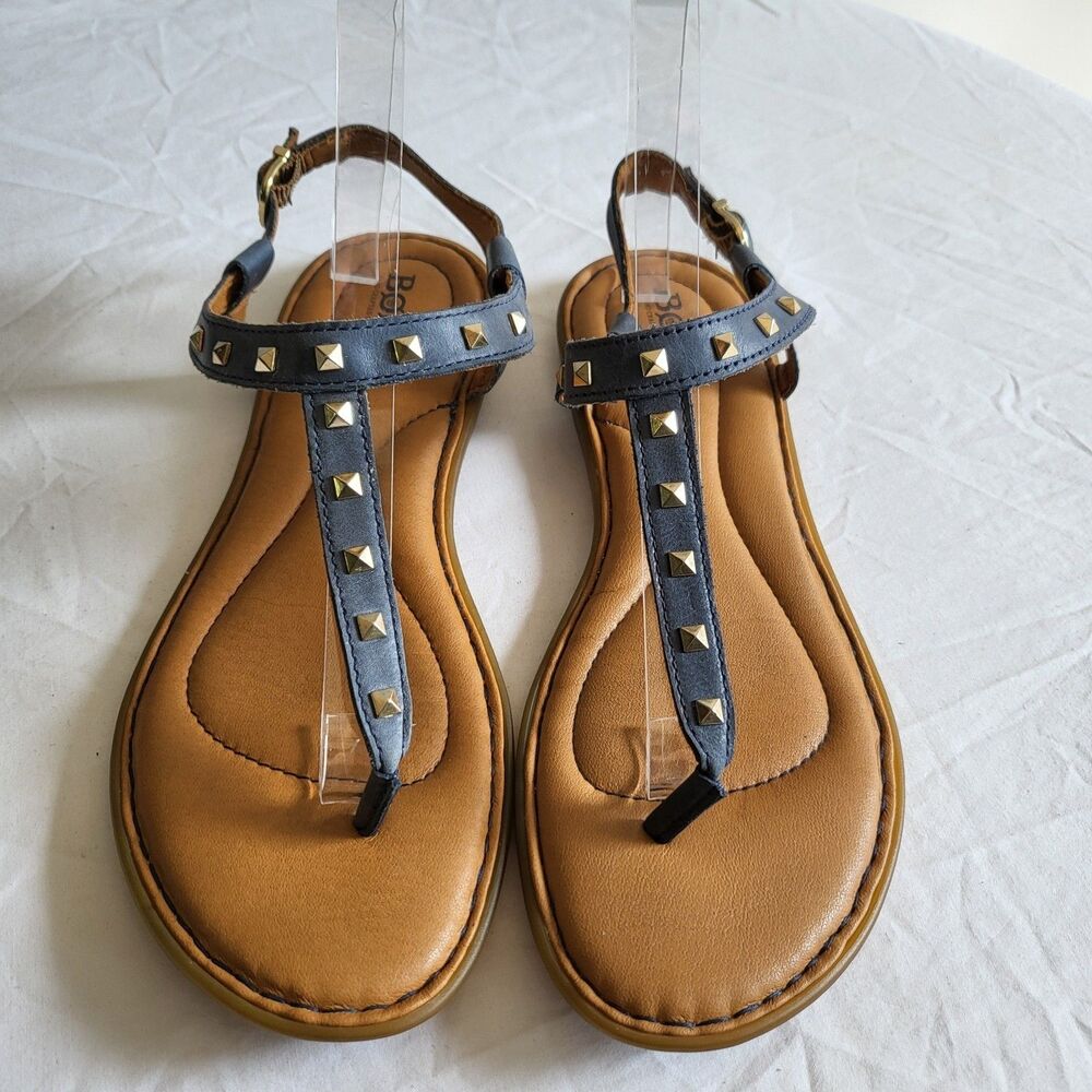 Studded Navy T-Strap Women's Sandals with Tan Footbed